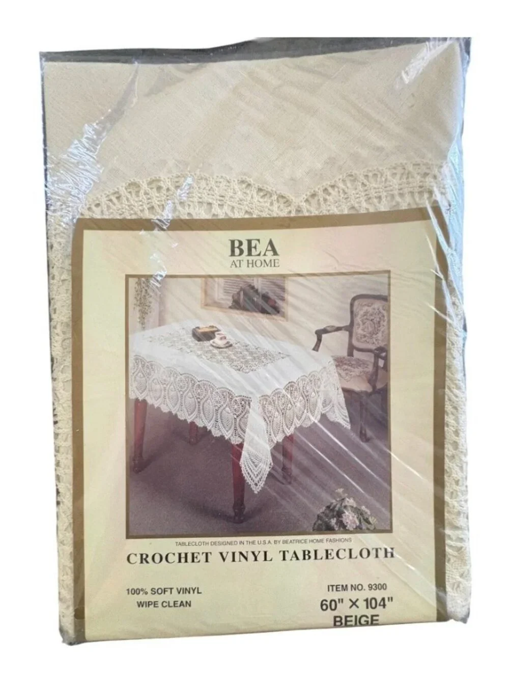 VTG Crochet Vinyl Tablecloth Beige Grannycore Cottage Core New Old Stock 60 x 90